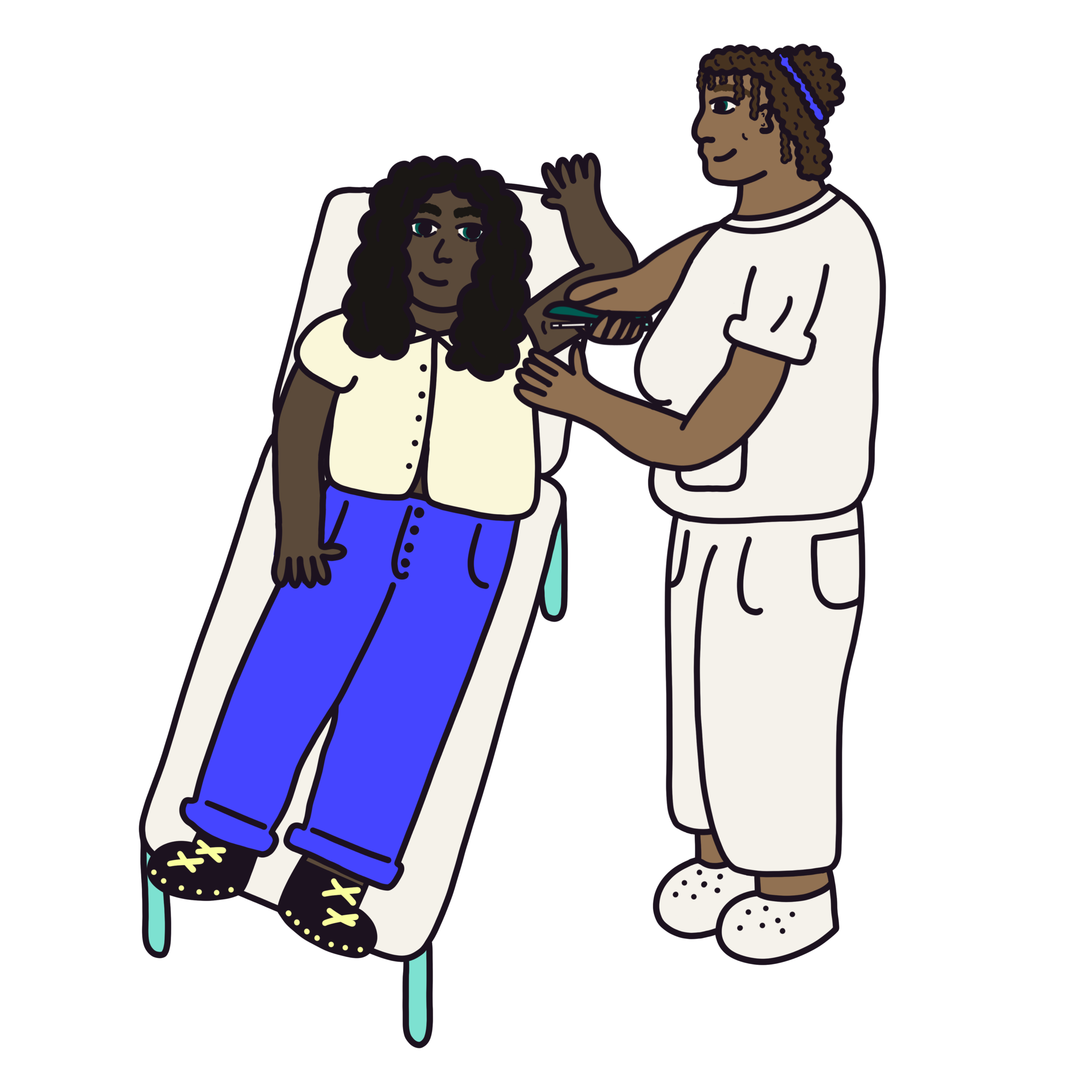 A cartoon drawing of a nurse administrating an implant into a patient's arm. The patient is lying on the bed with their arm up, and thee nurse is standing next to them.