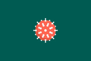 Cartoon image of HIV under microscope.