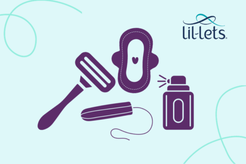 illustration of razor, pad, tampon, and deodorant and lil-lets logo