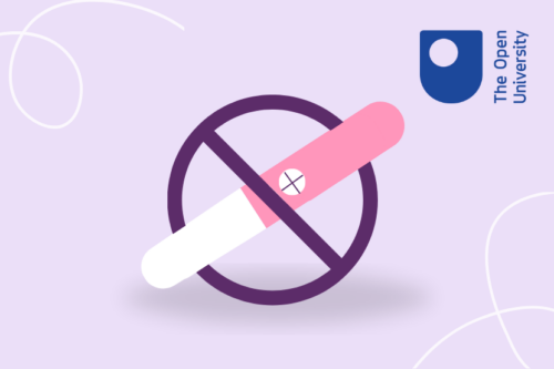 A positive pregnancy test with a cross sign over it. The Open University logo in the corner