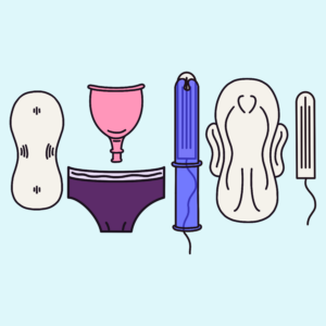 Illustration of period products including a sanitary towel, period pants, menstrual cup and tampons