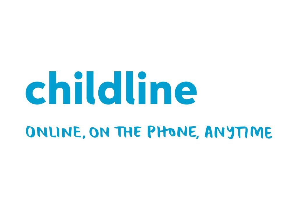 Childline logo, reads: Childline, Online, on the phone, anytime