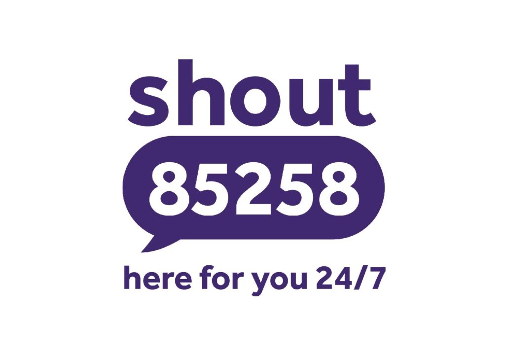 Shout logo, reads: shout 85258, here for you 24/7