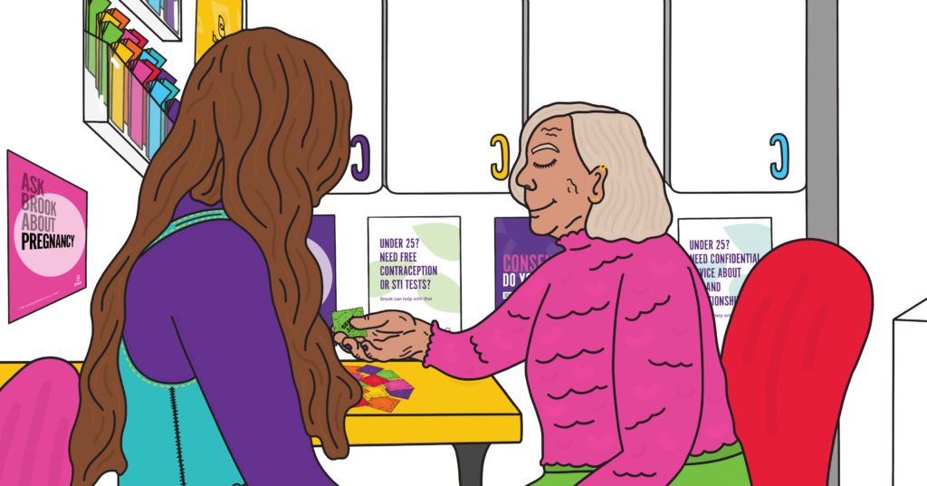 An illustration of a person talking to a nurse in a clinic
