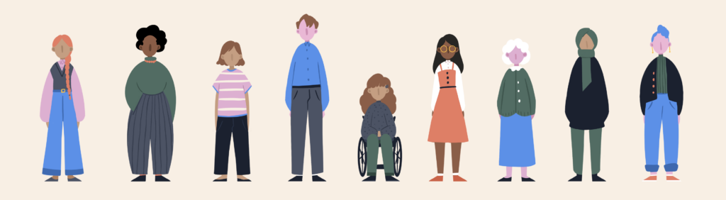 colourful illustration of lots of people standing next to each other in rows