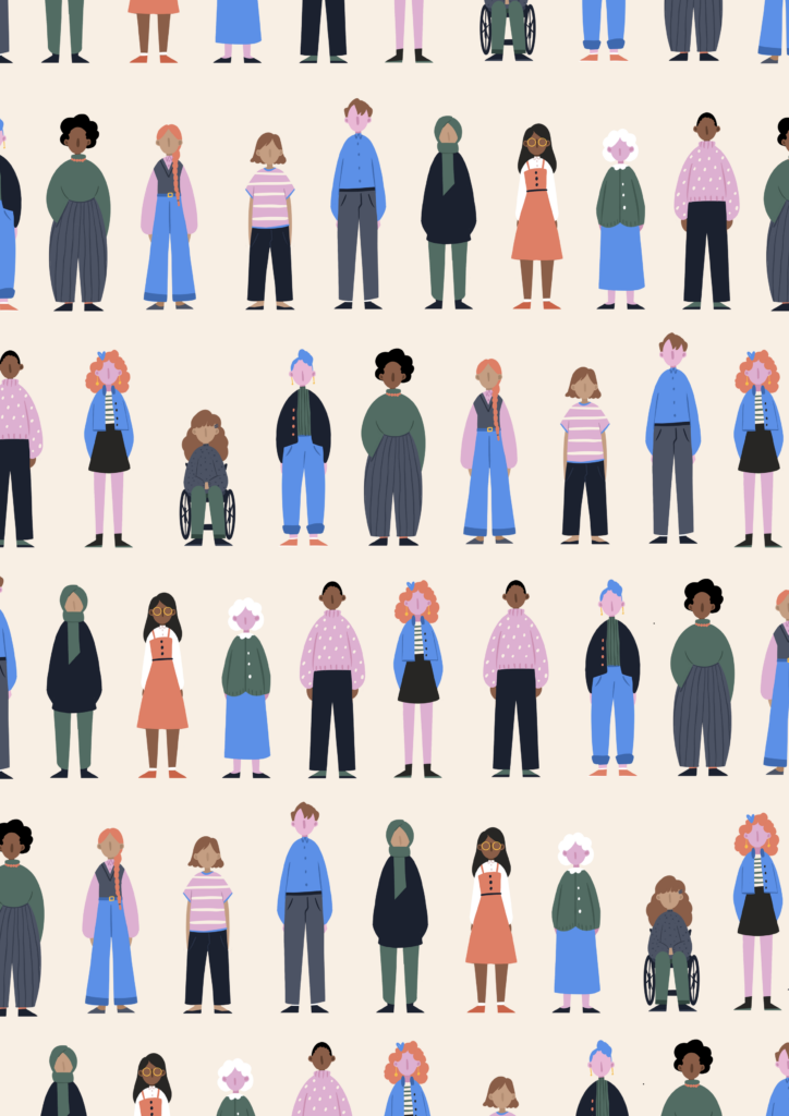 colourful illustration of lots of people standing next to each other in rows