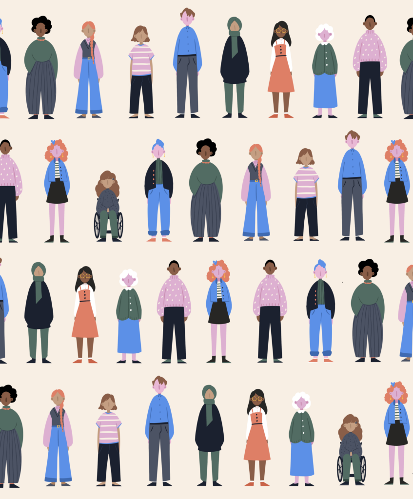 colourful illustration of lots of people standing next to each other in rows