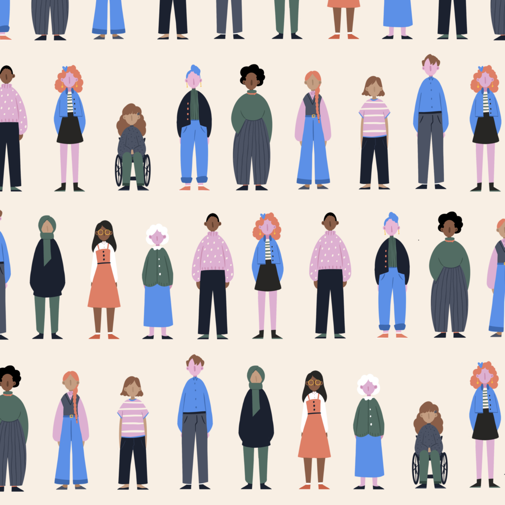 colourful illustration of lots of people standing next to each other in rows