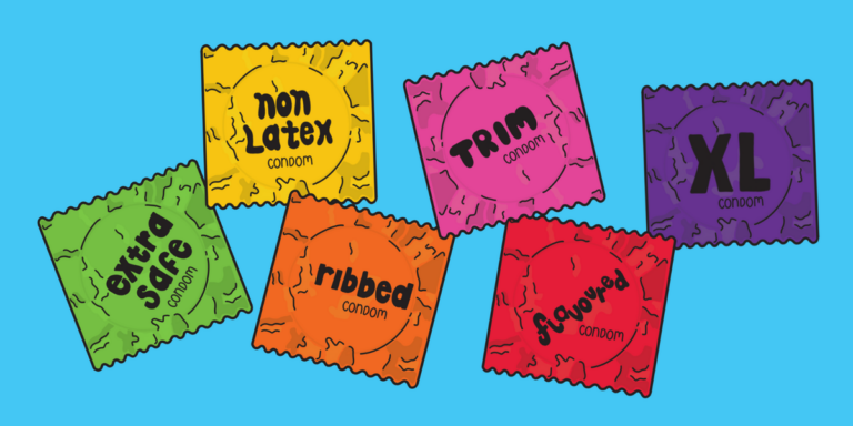 Different types of condoms in their wrappers