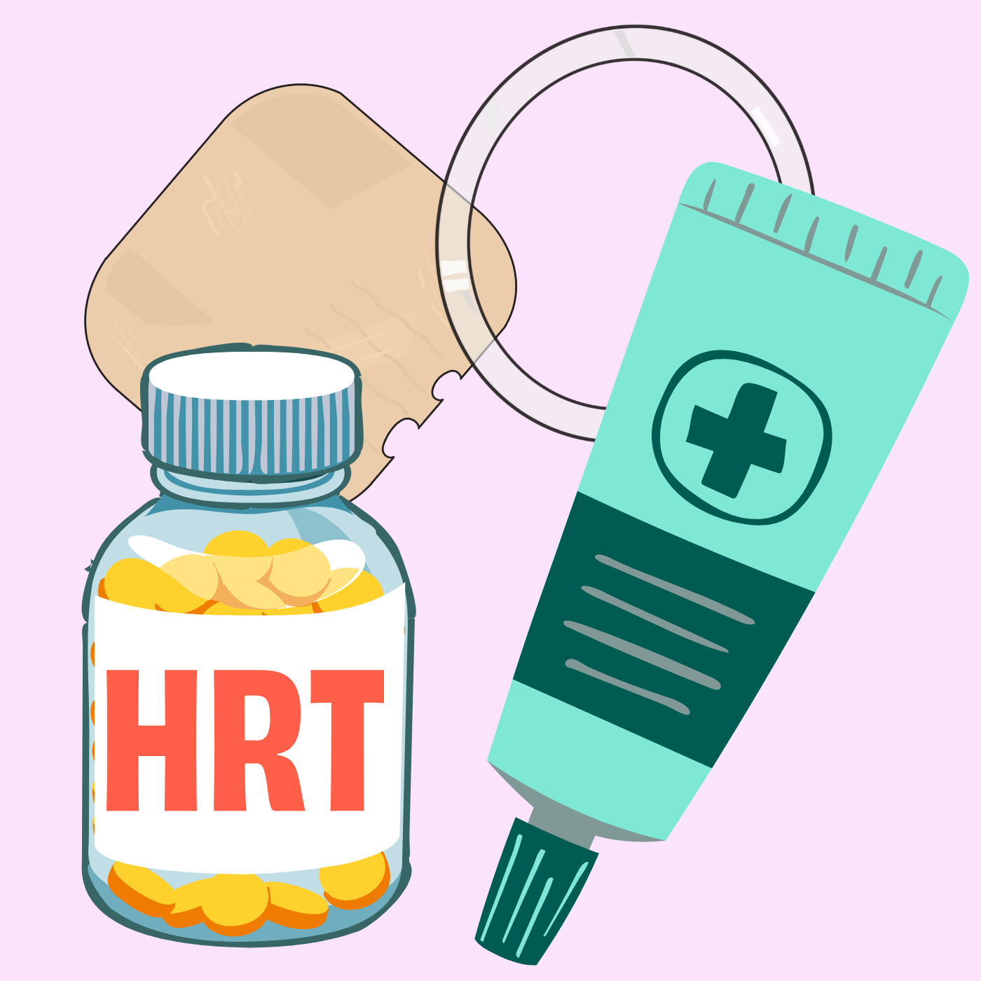 Different types of HRT including a sticky patch, pills, a tube of cream and a transparent flexible ring