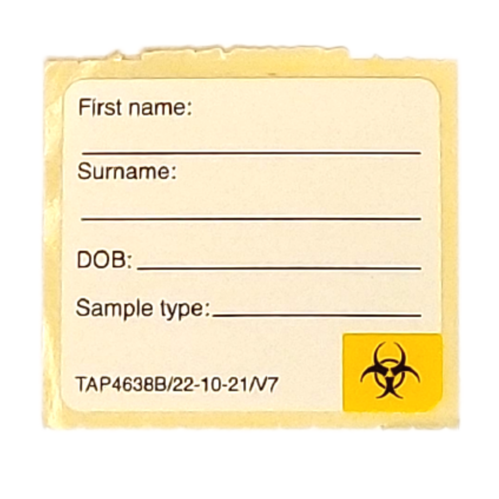 Small white label with space to complete the following information: first name, surname, DOB, sample type