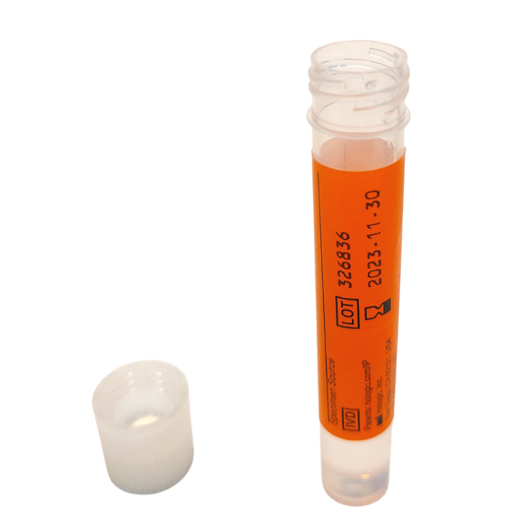 Sample tube with orange label stood up with lid next to it.