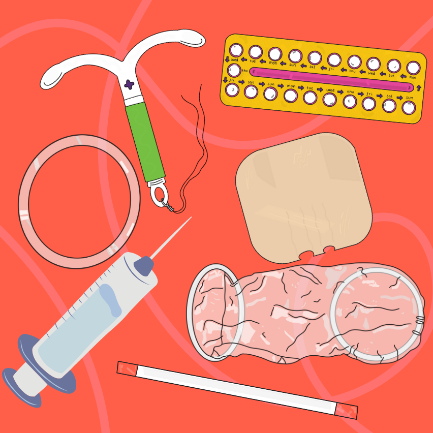 different types of contraception including a coil, packet of pills, internal condom, a patch, injection, ring and implant