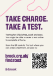 "Take a Charge. Take a Test." poster signposting to Brook's webpage about STI home testing kits and where to order from