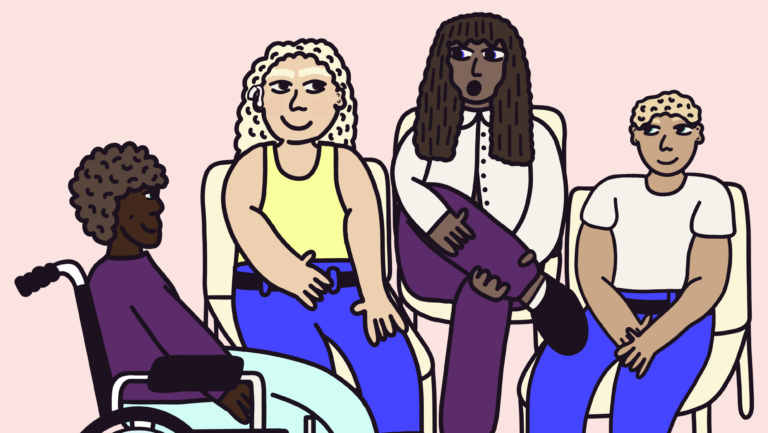 An easy-read illustration of a group of people sitting down chatting