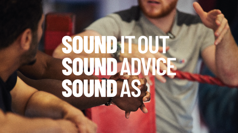 Text reads "Sound it out, sound advice, sound as." with two men chatting int he backgrouns