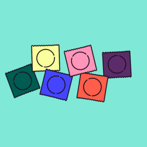 Graphic of multi-coloured condoms in wrappers