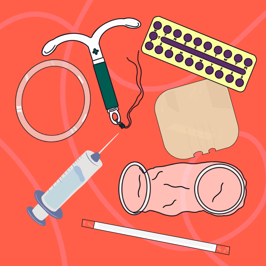 7 different contraceptive methods on a red background