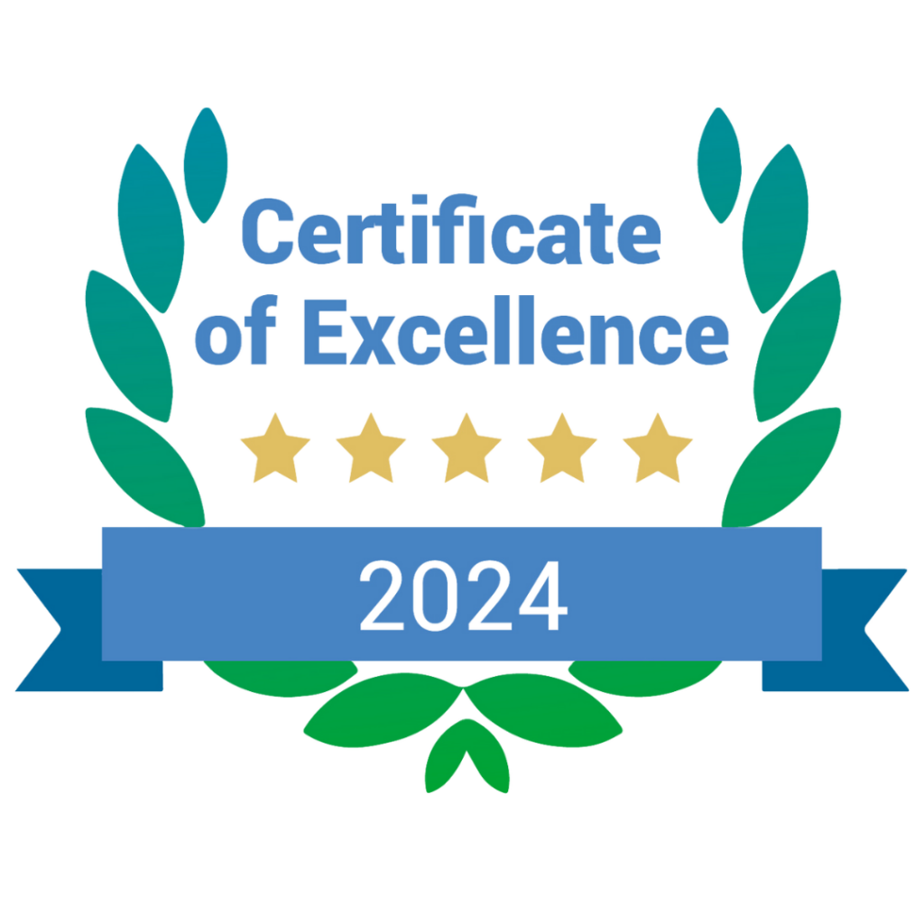 "Certificate of Excellence 2024" with 5 stars and a banner