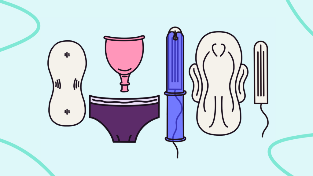 Simple graphics showing period products - pads, period pants, menstrual cup, tampons