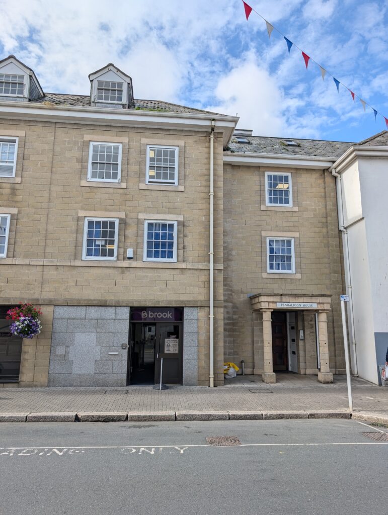 Brook Wellbeing Hub in Cornwall showing outside of the building with Penhaligon House written above the door