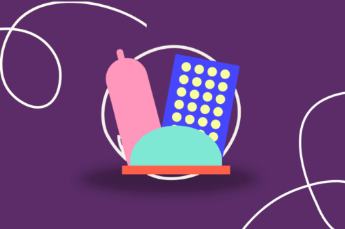 Contraception course - graphic showing condom, pills and diapragm
