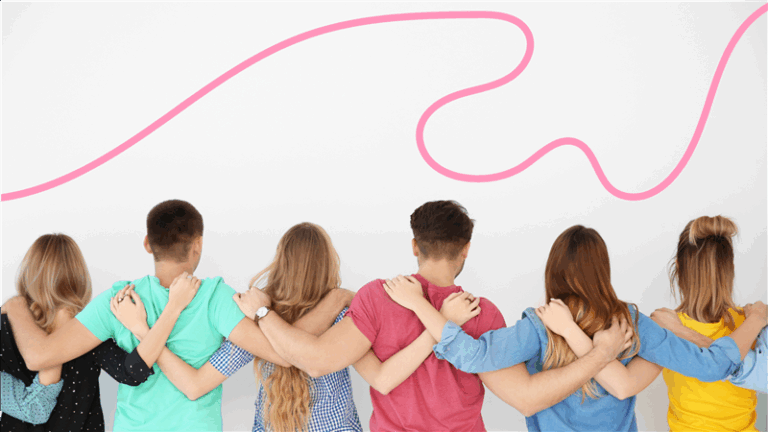 puberty - 6 young people standing in a line with their backs to the camera