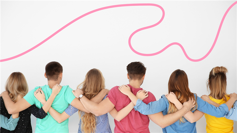 puberty - 6 young people standing in a line with their backs to the camera