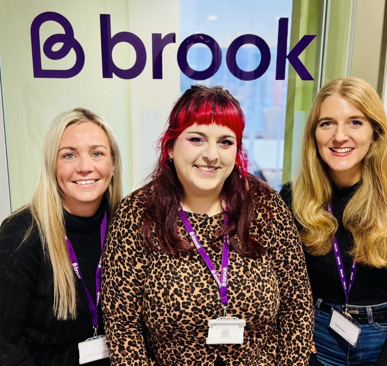 Julie-Anne, Alice and Sarah stood in front of a Brook logo
