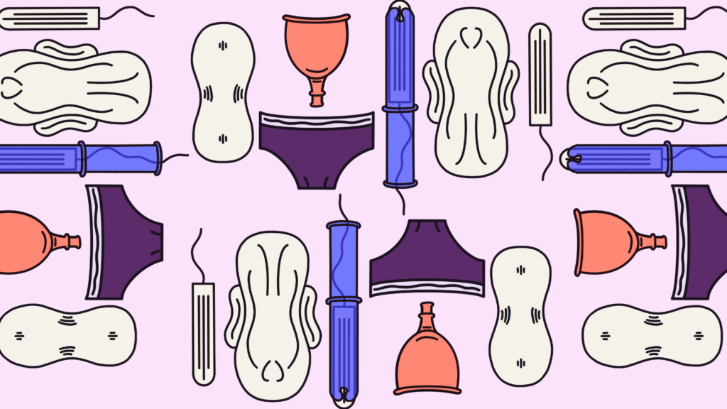 Illustration of different period products - pads, tampons and period pants