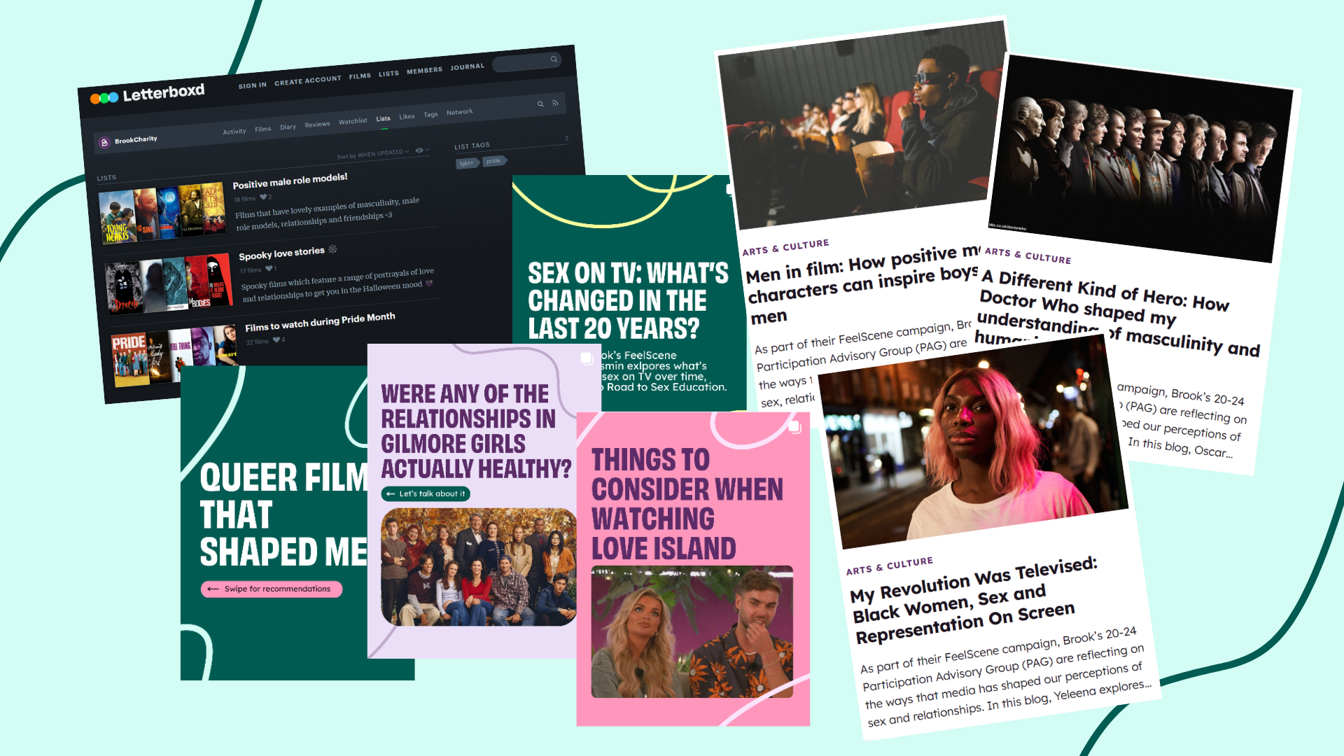 Screenshots of social media posts and blogs from the project as well as Brook's Letterboxd account