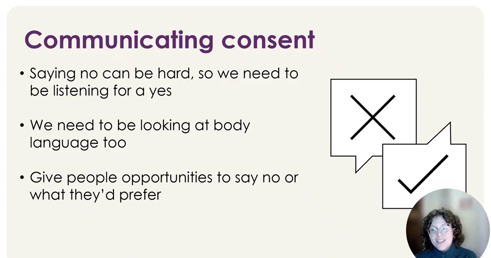 Screenshot from webinar; slide titled "communicating consent"