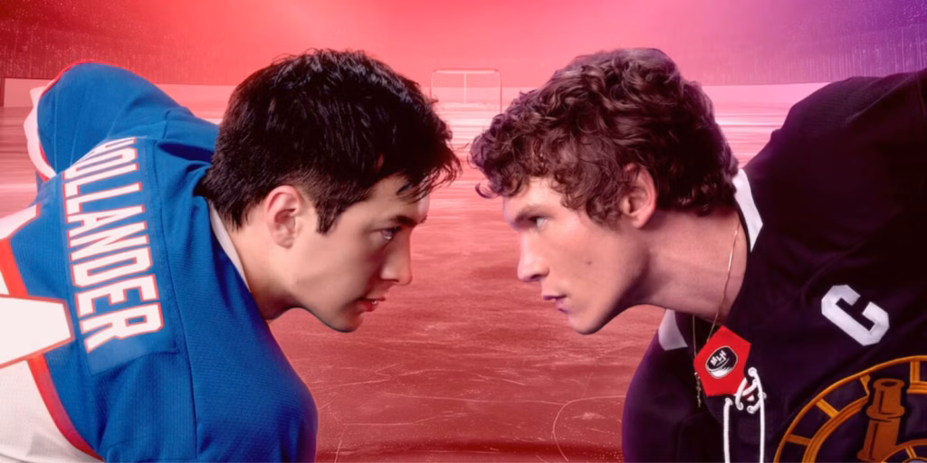 Heated Rivarly TV show poster showing Shane and Ilya facing off on the ice in hockey jerseys