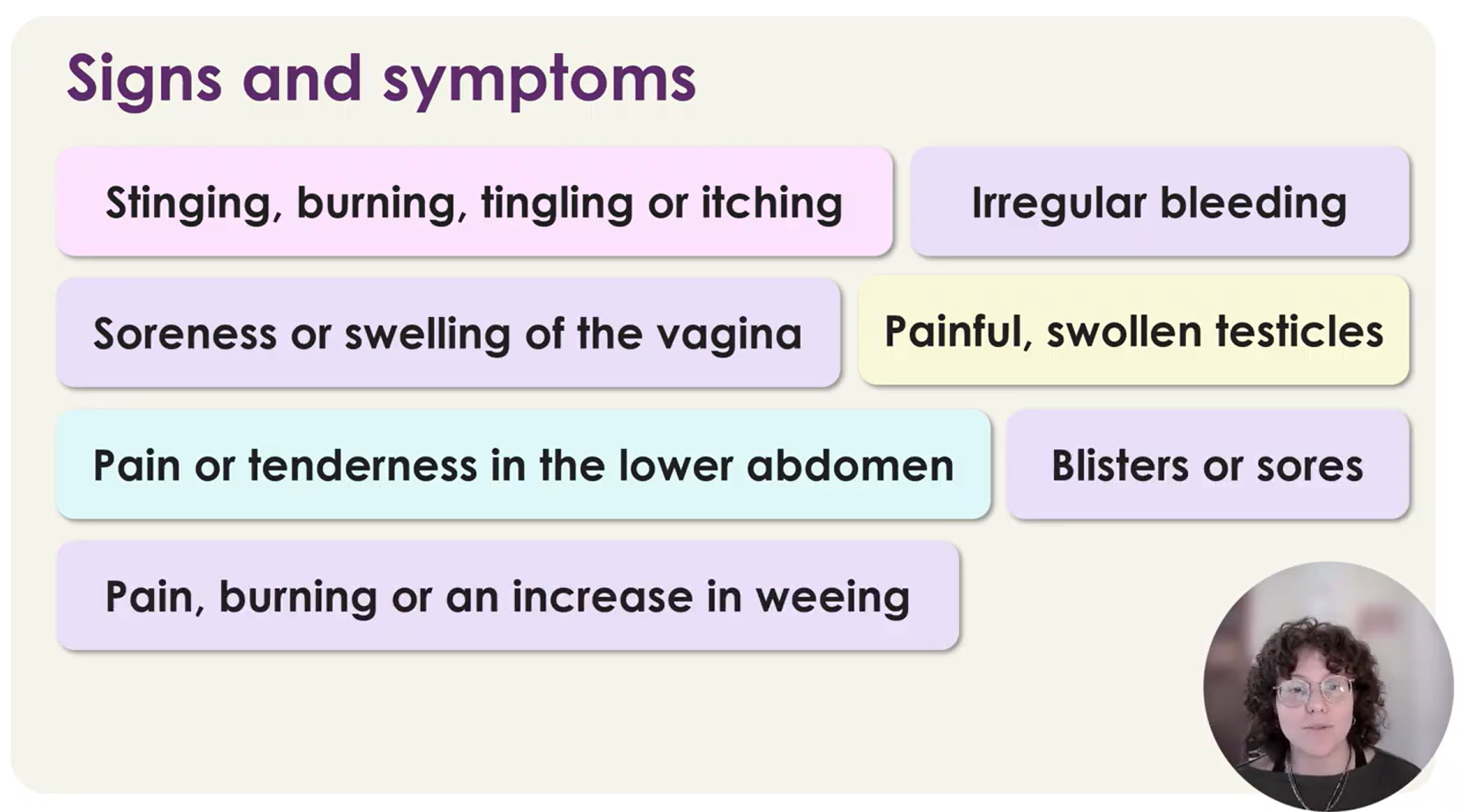 screenshot from webinar listing signs and symptoms of STIs