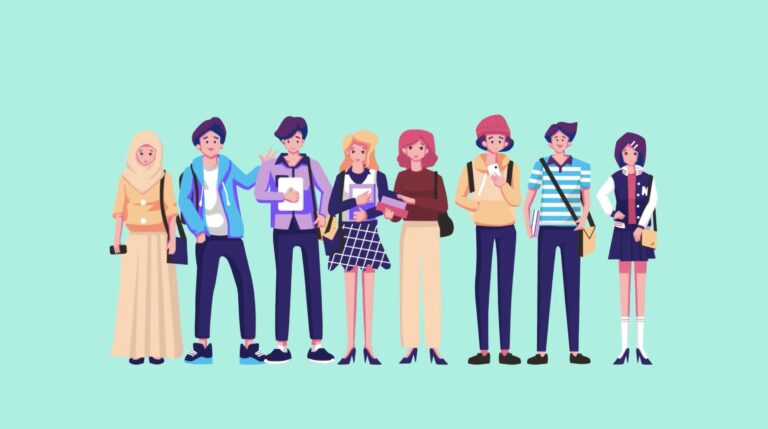 An animated image of eight people standing in a line facing the viewer, on a teal background