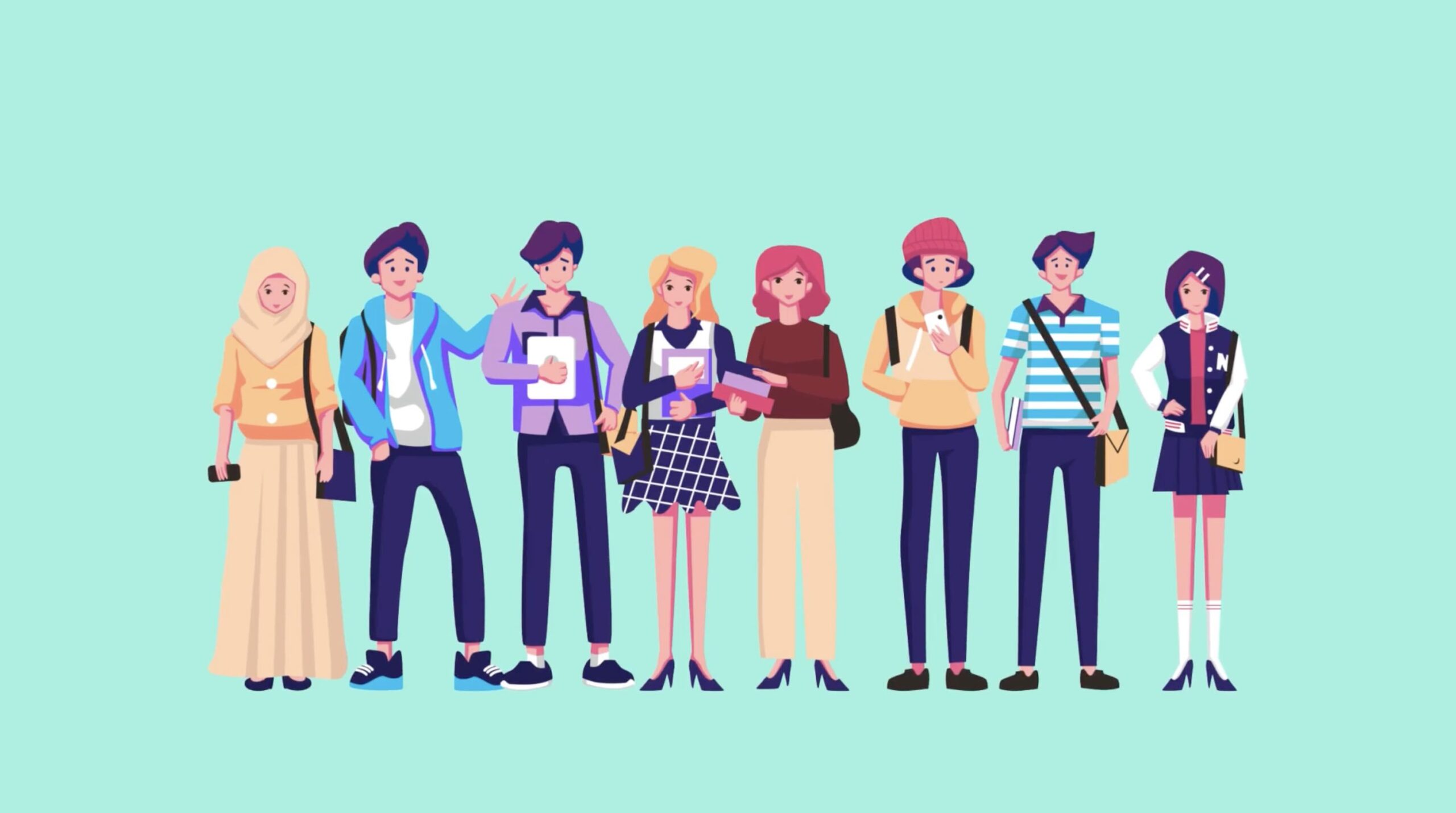 An animated image of eight people standing in a line facing the viewer, on a teal background
