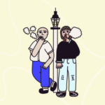 Illustration of two people smoking next to a lamppost
