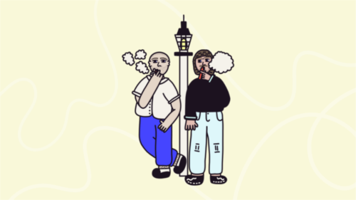 Illustration of two people smoking next to a lamppost