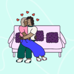 Illustration of a couple kissing on the sofa
