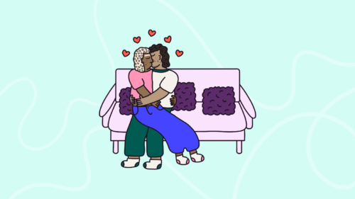 Illustration of a couple kissing on the sofa