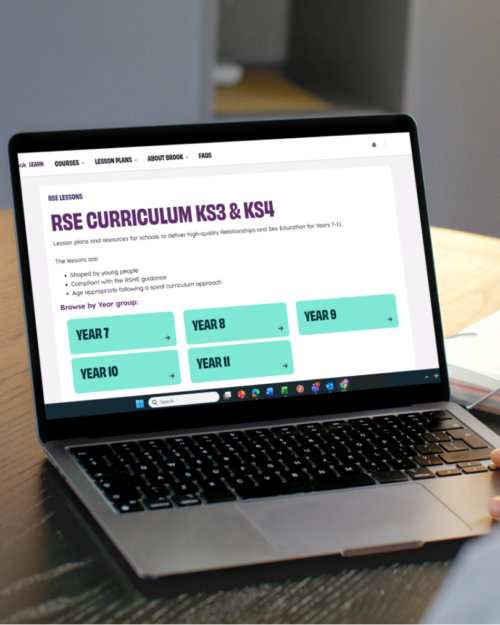 Laptop screen showing Brook Learn RSE curriculum landing page