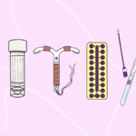 Illustration of test tube, contraceptive coil, pills and swab