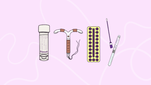 Illustration of test tube, contraceptive coil, pills and swab