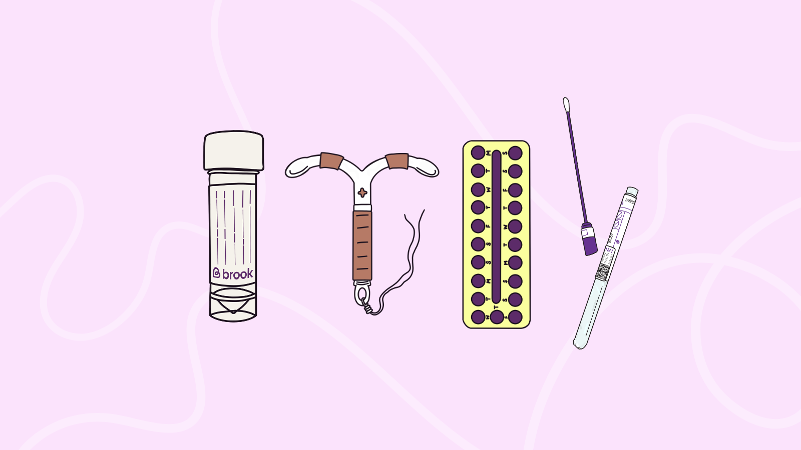 Illustration of test tube, contraceptive coil, pills and swab