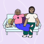 Illustration of a couple cuddling on the sofa