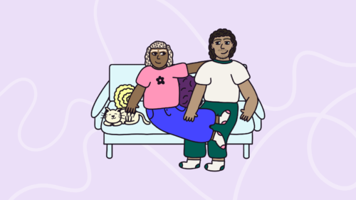 Illustration of a couple cuddling on the sofa