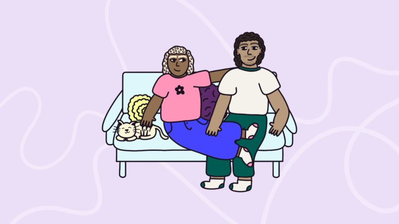 Illustration of a couple cuddling on the sofa