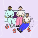 Illustration of a group of friends playing video games