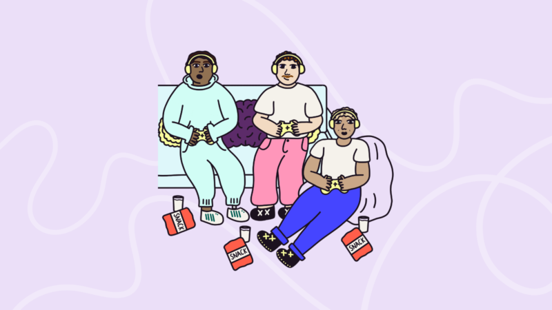 Illustration of a group of friends playing video games