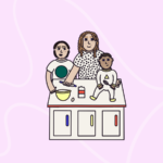 Ilustration of a mother and two children baking